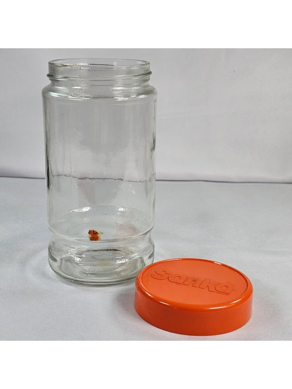 Vintage Sanka Brand Clear Glass Coffee Jar with Orange Lid Collectible Storage